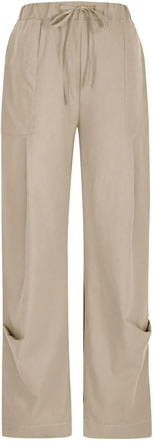 Linen Pants for Women Summer 2025 Casual Loose Fit Elastic Waist Lightweight Wide Leg Plus Size Lounge Long Trousers