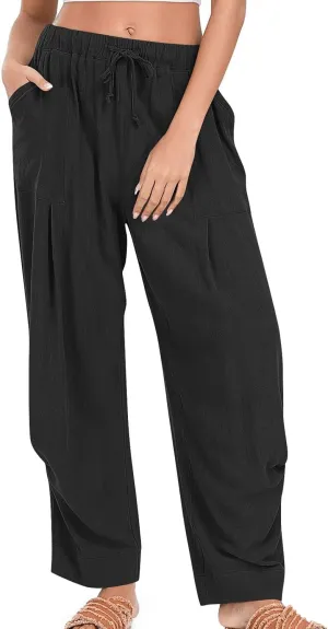 Linen Pants for Women Summer 2025 Casual Loose Fit Elastic Waist Lightweight Wide Leg Plus Size Lounge Long Trousers