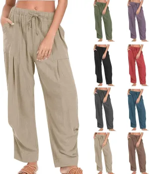 Linen Pants for Women Summer 2025 Casual Loose Fit Elastic Waist Lightweight Wide Leg Plus Size Lounge Long Trousers