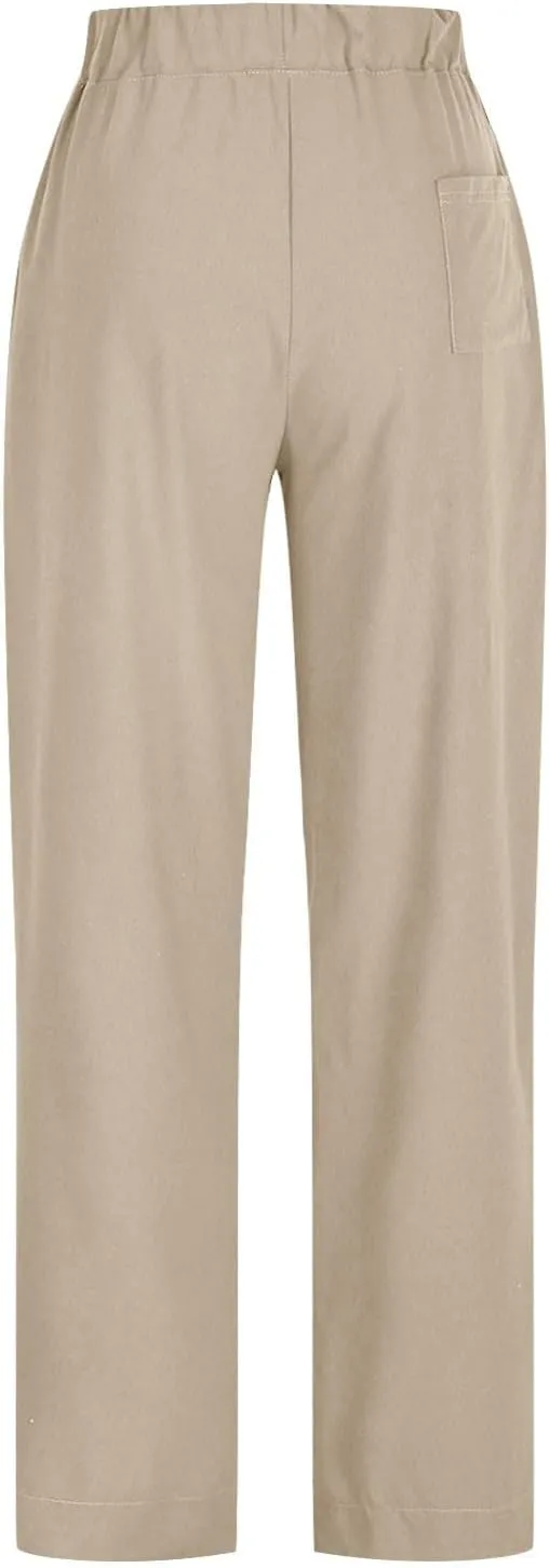 Linen Pants for Women Summer 2025 Casual Loose Fit Elastic Waist Lightweight Wide Leg Plus Size Lounge Long Trousers