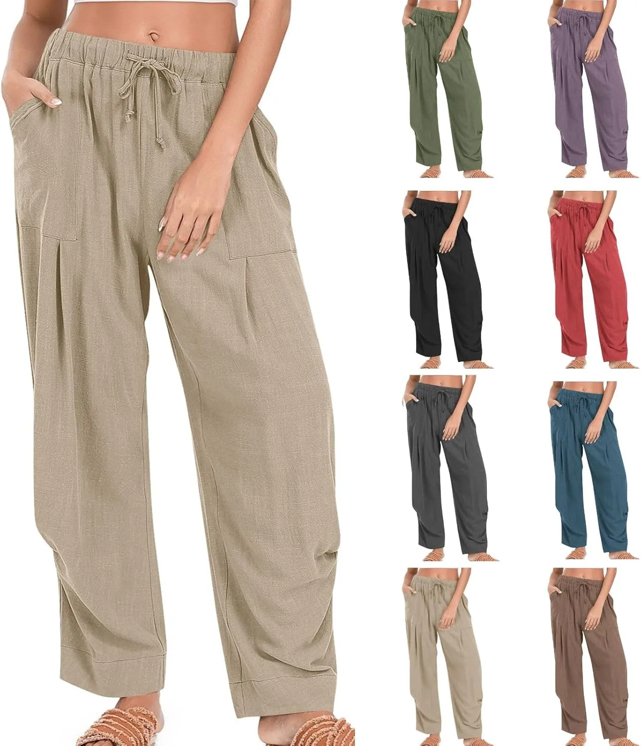 Linen Pants for Women Summer 2025 Casual Loose Fit Elastic Waist Lightweight Wide Leg Plus Size Lounge Long Trousers