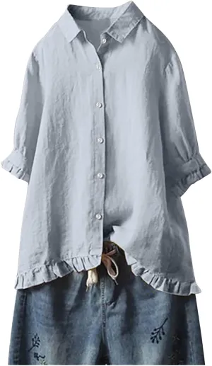 Linen Shirts for Women Casual Button Down Half Sleeve Tops Soft Lightweight Boho Summer Blouse Trendy Hawaii T-Shirt