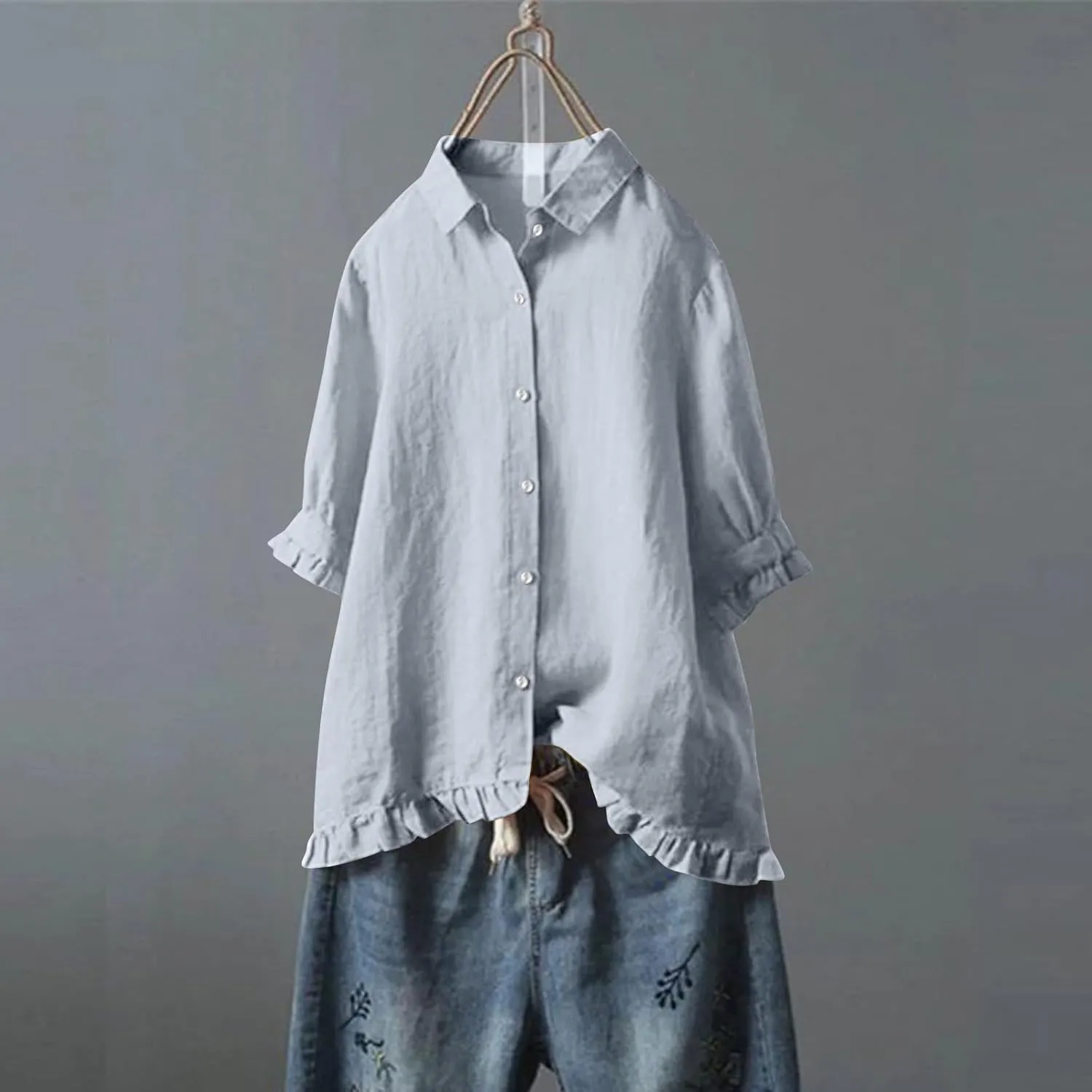 Linen Shirts for Women Casual Button Down Half Sleeve Tops Soft Lightweight Boho Summer Blouse Trendy Hawaii T-Shirt