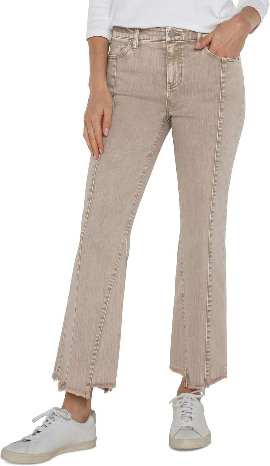 Liverpool Women's Hannah Mid-Rise Crop Flare with Uneven Fray Hem Stretch Denim
