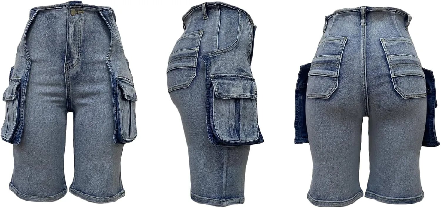LKOUS Women's Cargo Denim Shorts, Y2K Straight Wide Leg Cargo Pants, High Waisted Cargo Jeans with Pocket