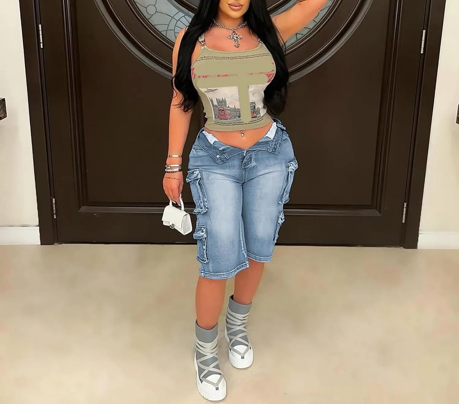 LKOUS Women's Cargo Denim Shorts, Y2K Straight Wide Leg Cargo Pants, High Waisted Cargo Jeans with Pocket