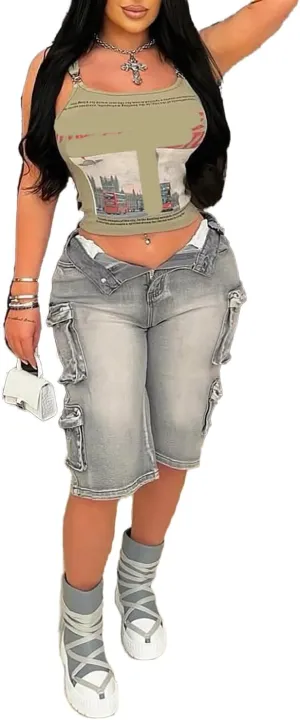 LKOUS Women's Cargo Denim Shorts, Y2K Straight Wide Leg Cargo Pants, High Waisted Cargo Jeans with Pocket