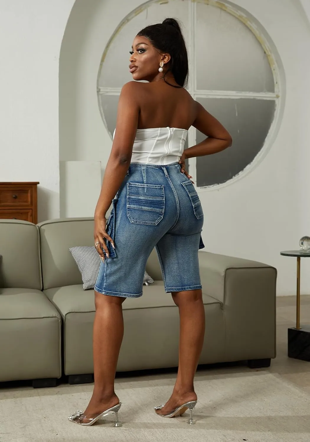 LKOUS Women's Cargo Denim Shorts, Y2K Straight Wide Leg Cargo Pants, High Waisted Cargo Jeans with Pocket