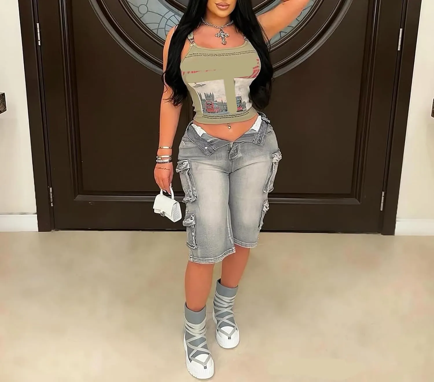 LKOUS Women's Cargo Denim Shorts, Y2K Straight Wide Leg Cargo Pants, High Waisted Cargo Jeans with Pocket