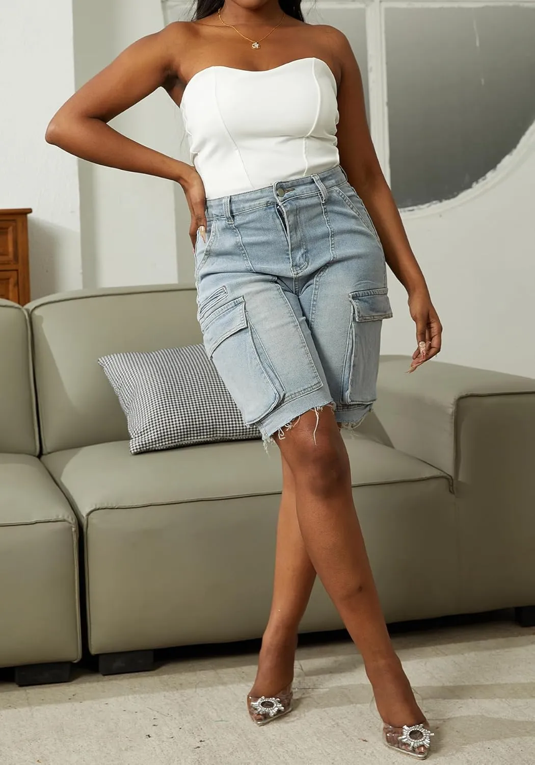 LKOUS Women's Cargo Denim Shorts, Y2K Straight Wide Leg Cargo Pants, High Waisted Cargo Jeans with Pocket