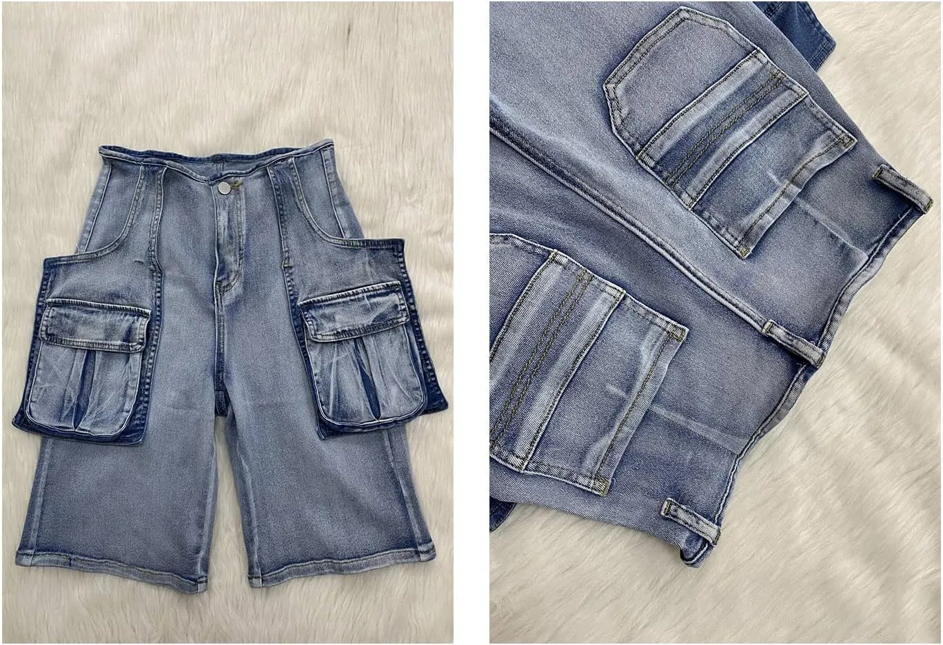LKOUS Women's Cargo Denim Shorts, Y2K Straight Wide Leg Cargo Pants, High Waisted Cargo Jeans with Pocket