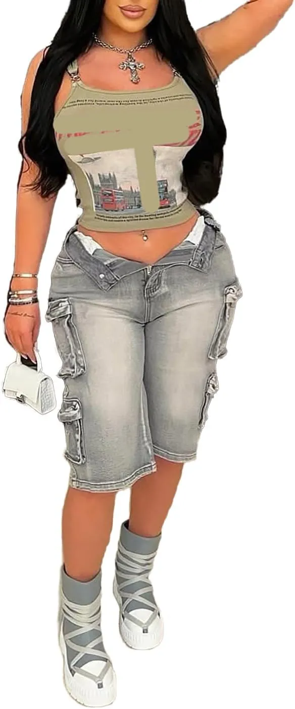 LKOUS Women's Cargo Denim Shorts, Y2K Straight Wide Leg Cargo Pants, High Waisted Cargo Jeans with Pocket