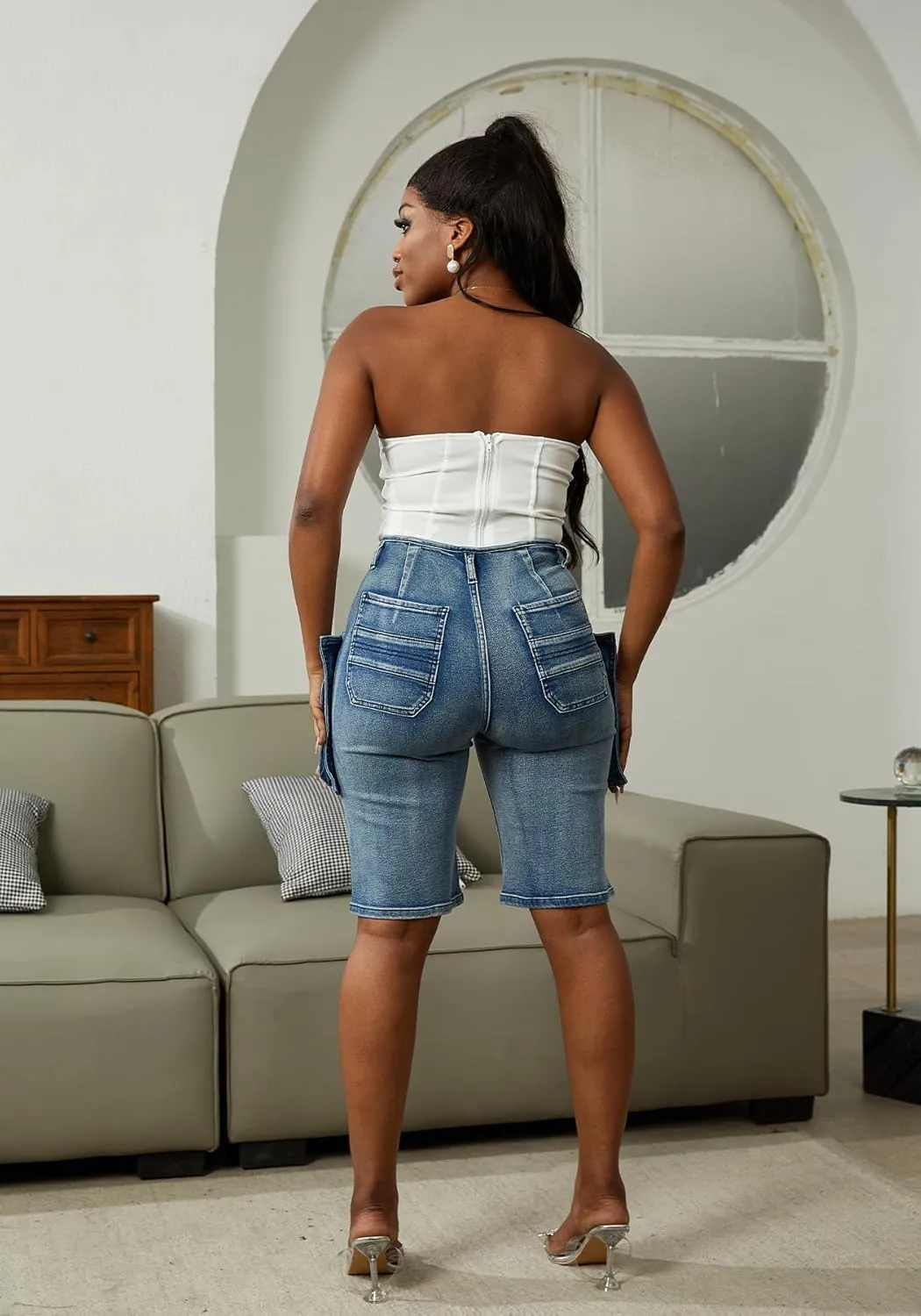 LKOUS Women's Cargo Denim Shorts, Y2K Straight Wide Leg Cargo Pants, High Waisted Cargo Jeans with Pocket