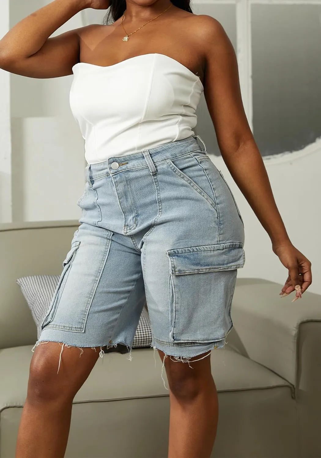 LKOUS Women's Cargo Denim Shorts, Y2K Straight Wide Leg Cargo Pants, High Waisted Cargo Jeans with Pocket