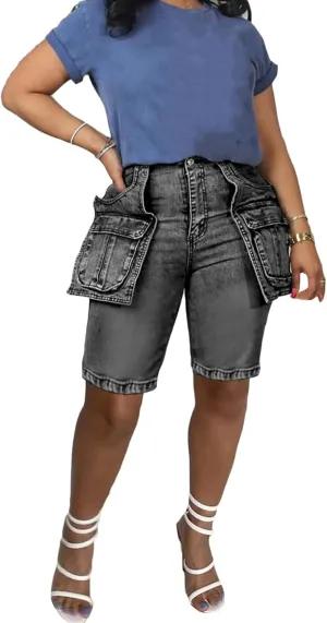 LKOUS Women's Cargo Denim Shorts, Y2K Straight Wide Leg Cargo Pants, High Waisted Cargo Jeans with Pocket