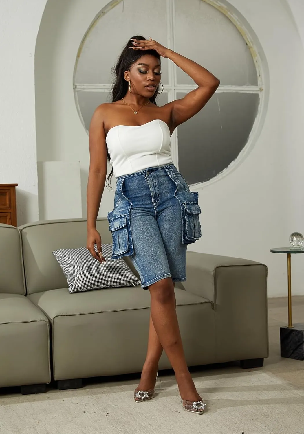 LKOUS Women's Cargo Denim Shorts, Y2K Straight Wide Leg Cargo Pants, High Waisted Cargo Jeans with Pocket