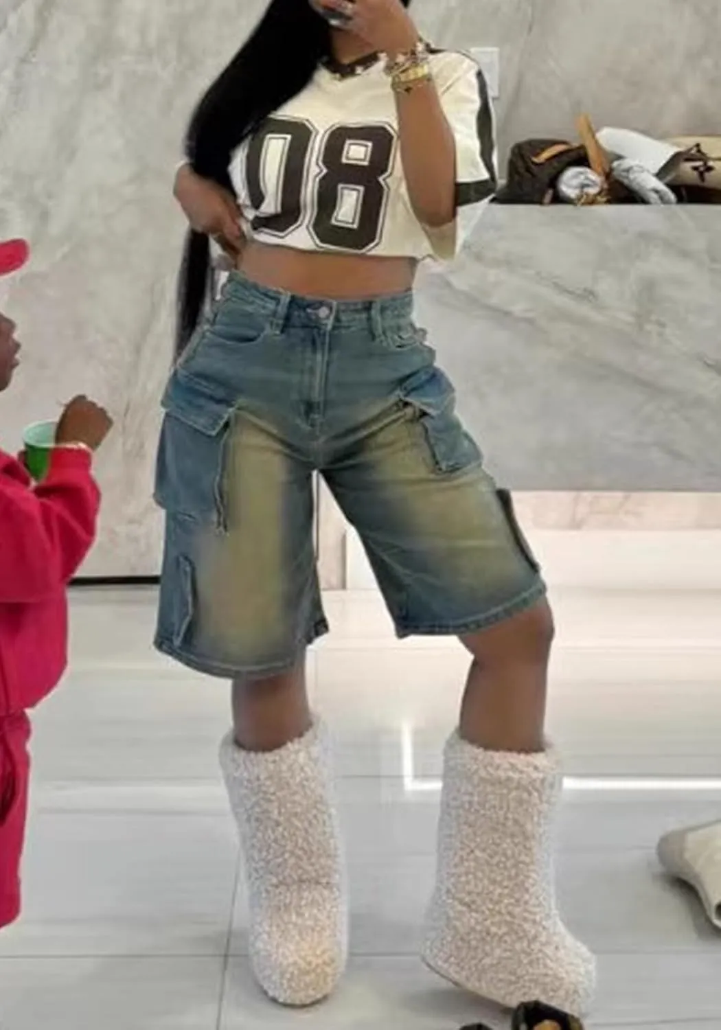 LKOUS Women's Cargo Denim Shorts, Y2K Straight Wide Leg Cargo Pants, High Waisted Cargo Jeans with Pocket