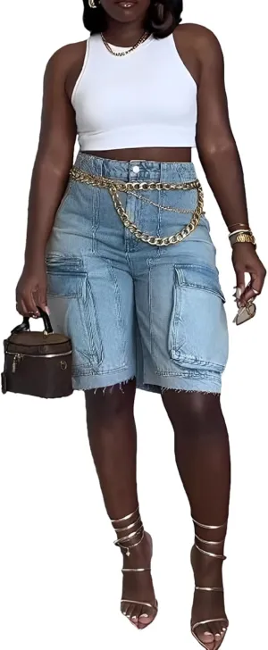 LKOUS Women's Cargo Denim Shorts, Y2K Straight Wide Leg Cargo Pants, High Waisted Cargo Jeans with Pocket