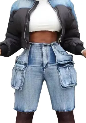 LKOUS Women's Cargo Denim Shorts, Y2K Straight Wide Leg Cargo Pants, High Waisted Cargo Jeans with Pocket