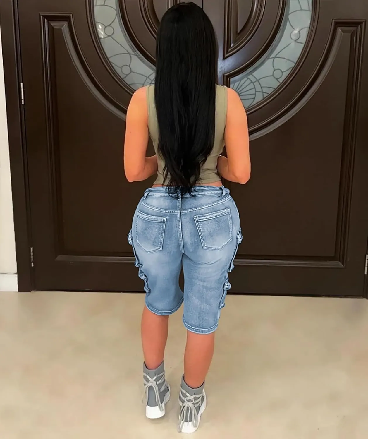 LKOUS Women's Cargo Denim Shorts, Y2K Straight Wide Leg Cargo Pants, High Waisted Cargo Jeans with Pocket