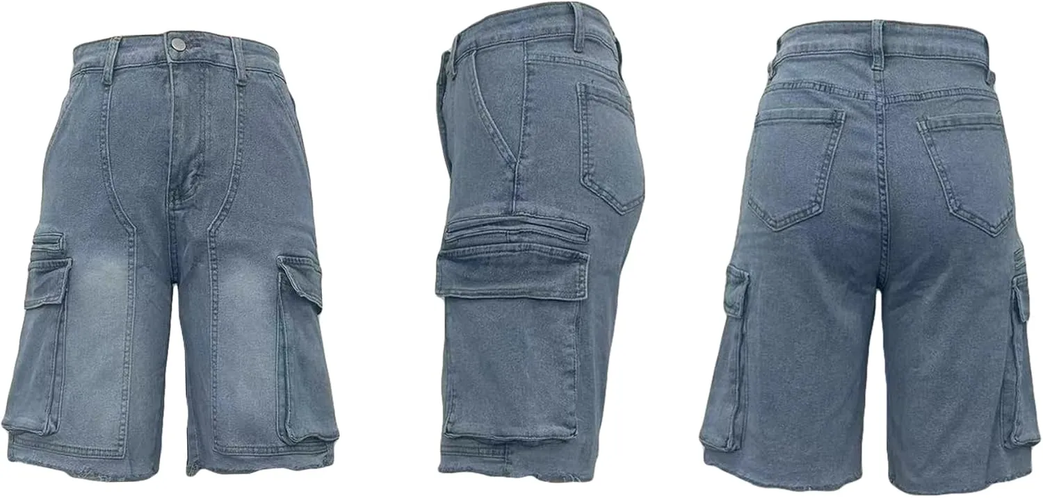 LKOUS Women's Cargo Denim Shorts, Y2K Straight Wide Leg Cargo Pants, High Waisted Cargo Jeans with Pocket