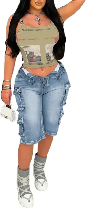 LKOUS Women's Cargo Denim Shorts, Y2K Straight Wide Leg Cargo Pants, High Waisted Cargo Jeans with Pocket