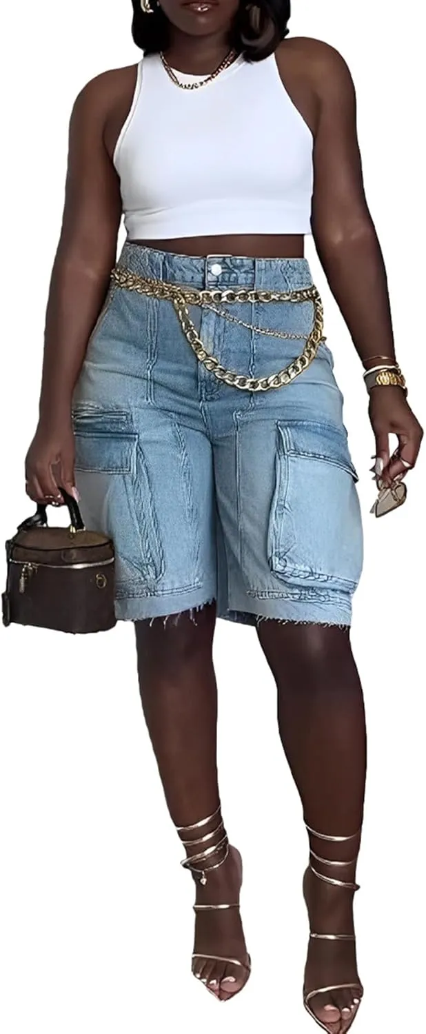 LKOUS Women's Cargo Denim Shorts, Y2K Straight Wide Leg Cargo Pants, High Waisted Cargo Jeans with Pocket