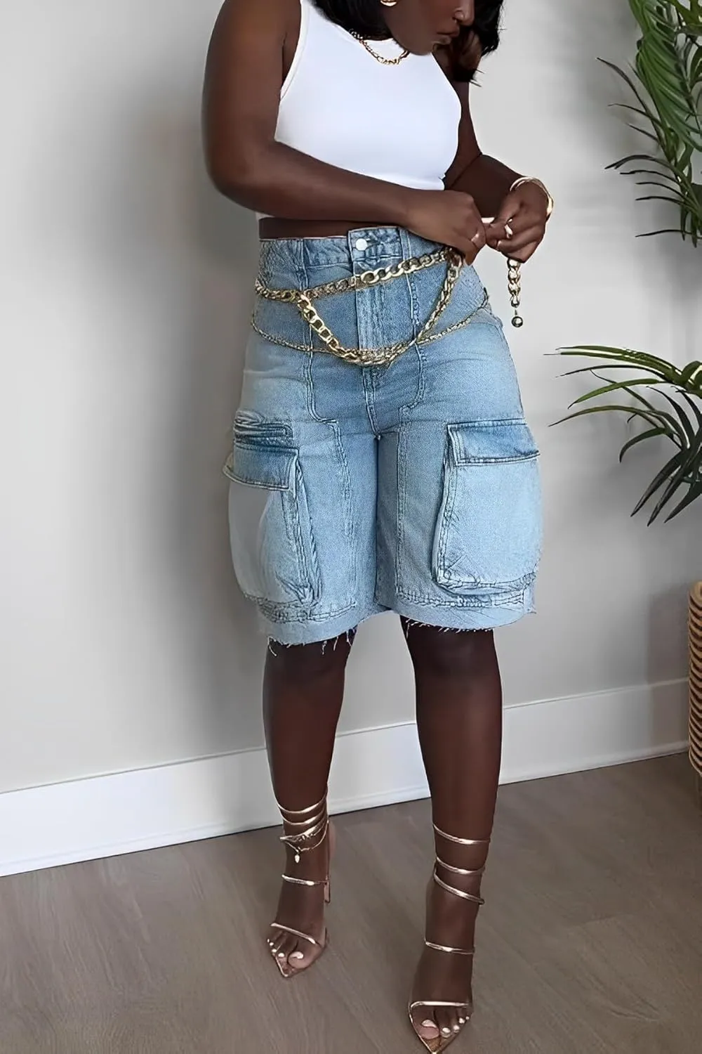 LKOUS Women's Cargo Denim Shorts, Y2K Straight Wide Leg Cargo Pants, High Waisted Cargo Jeans with Pocket