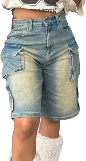 LKOUS Women's Cargo Denim Shorts, Y2K Straight Wide Leg Cargo Pants, High Waisted Cargo Jeans with Pocket