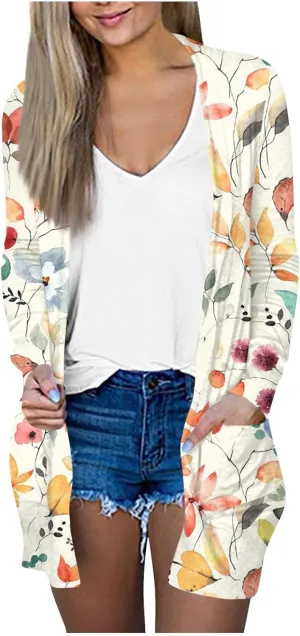 Long Cardigans for Women, Casual Long Sleeve Open Front Oversized Cardigan Vintage Floral Print Jackets with Pocket