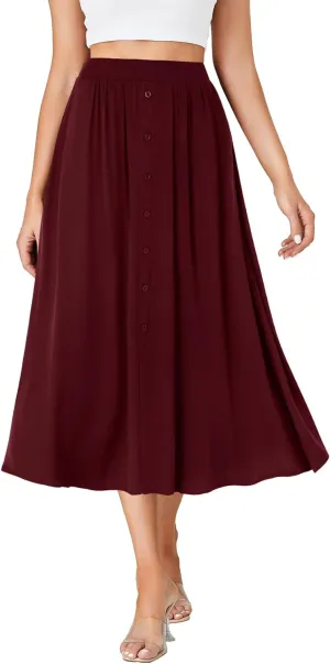 LYANER Women's High Elastic Waist Pleated Flare A Line Midi Skirt with Pockets