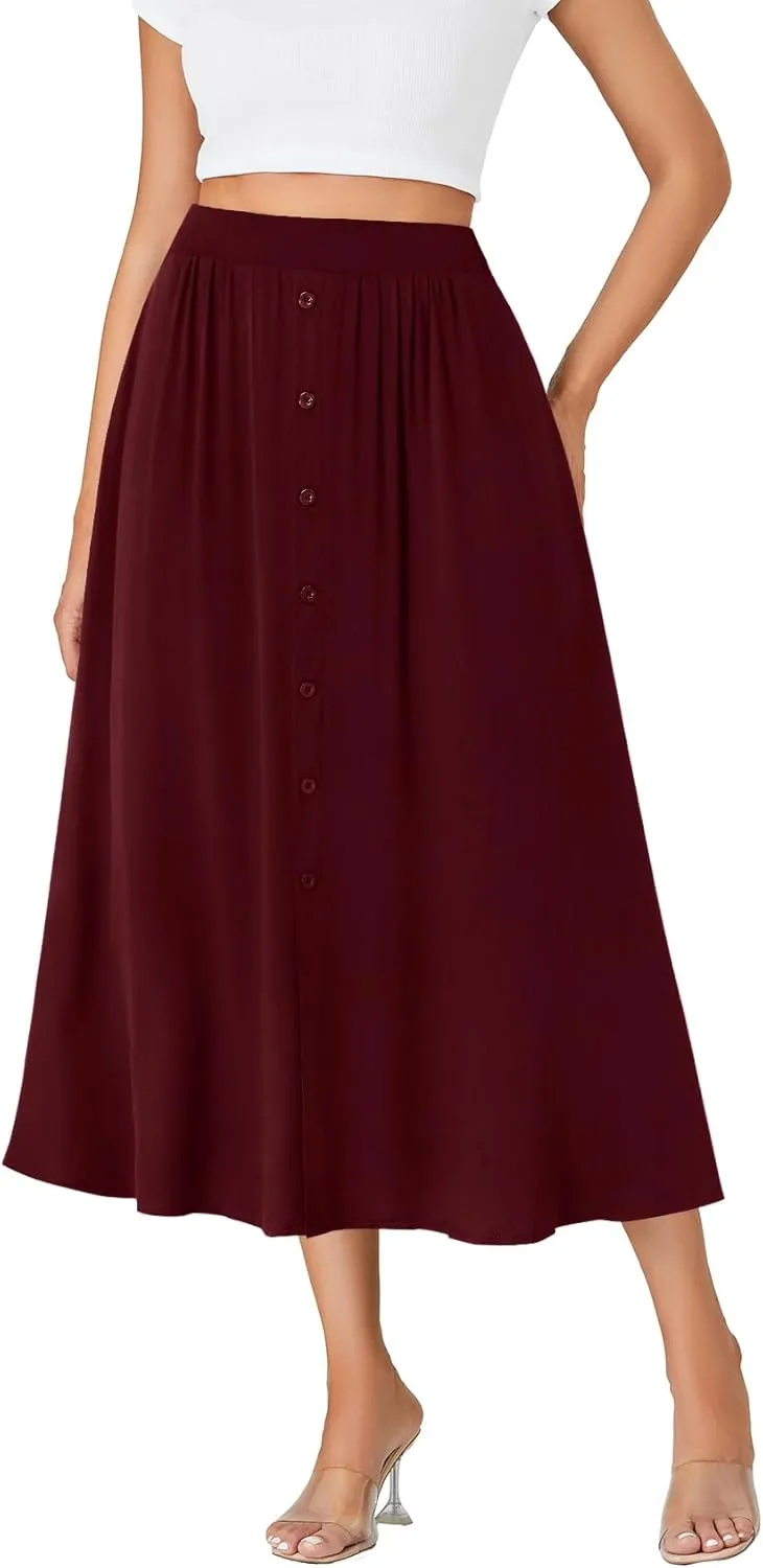 LYANER Women's High Elastic Waist Pleated Flare A Line Midi Skirt with Pockets