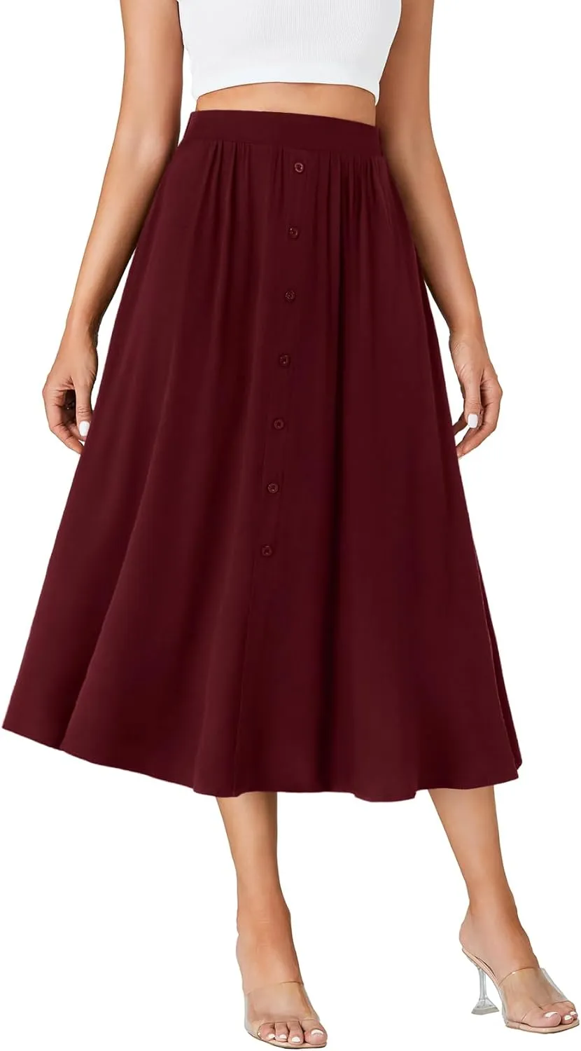 LYANER Women's High Elastic Waist Pleated Flare A Line Midi Skirt with Pockets