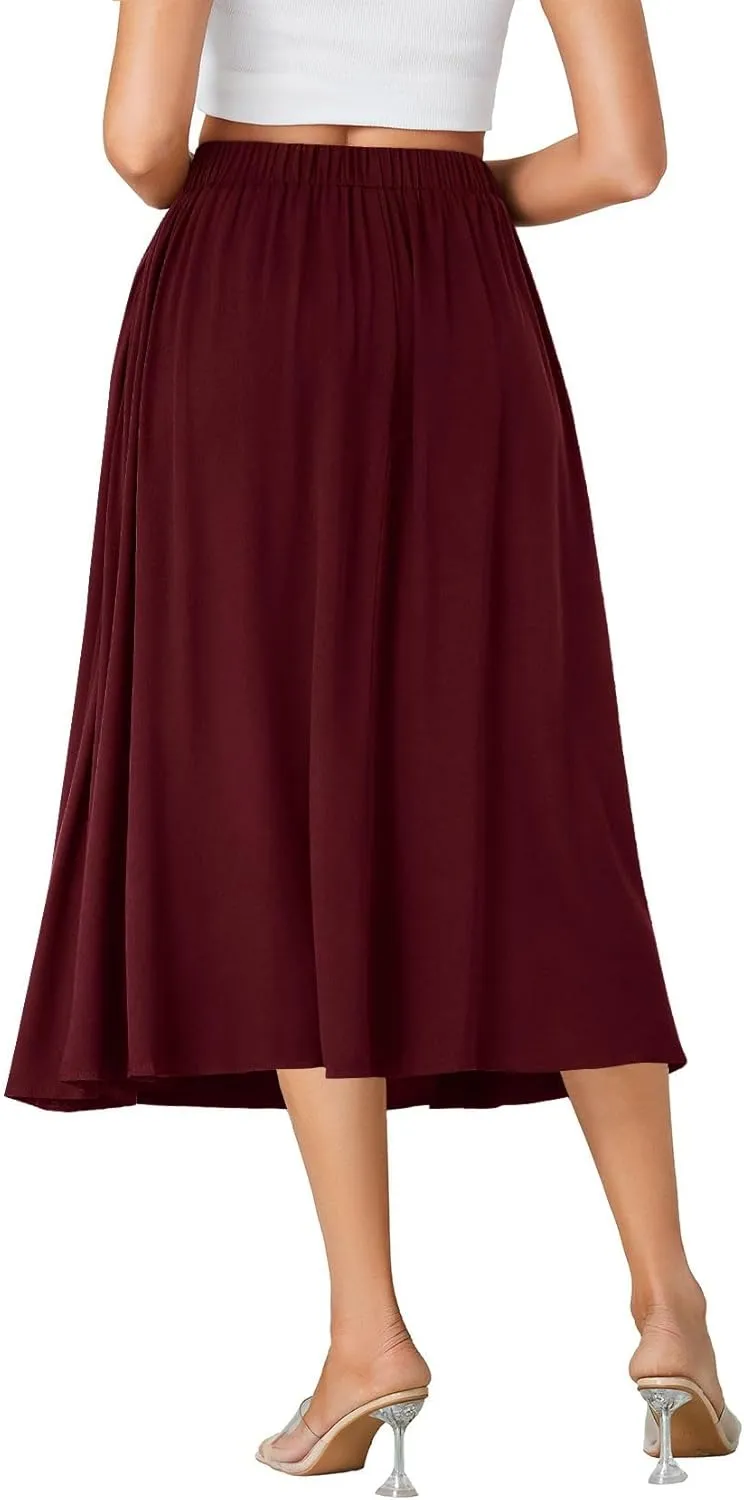 LYANER Women's High Elastic Waist Pleated Flare A Line Midi Skirt with Pockets