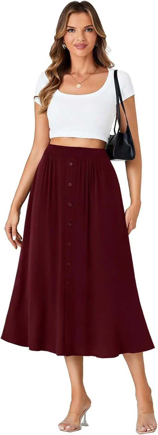 LYANER Women's High Elastic Waist Pleated Flare A Line Midi Skirt with Pockets