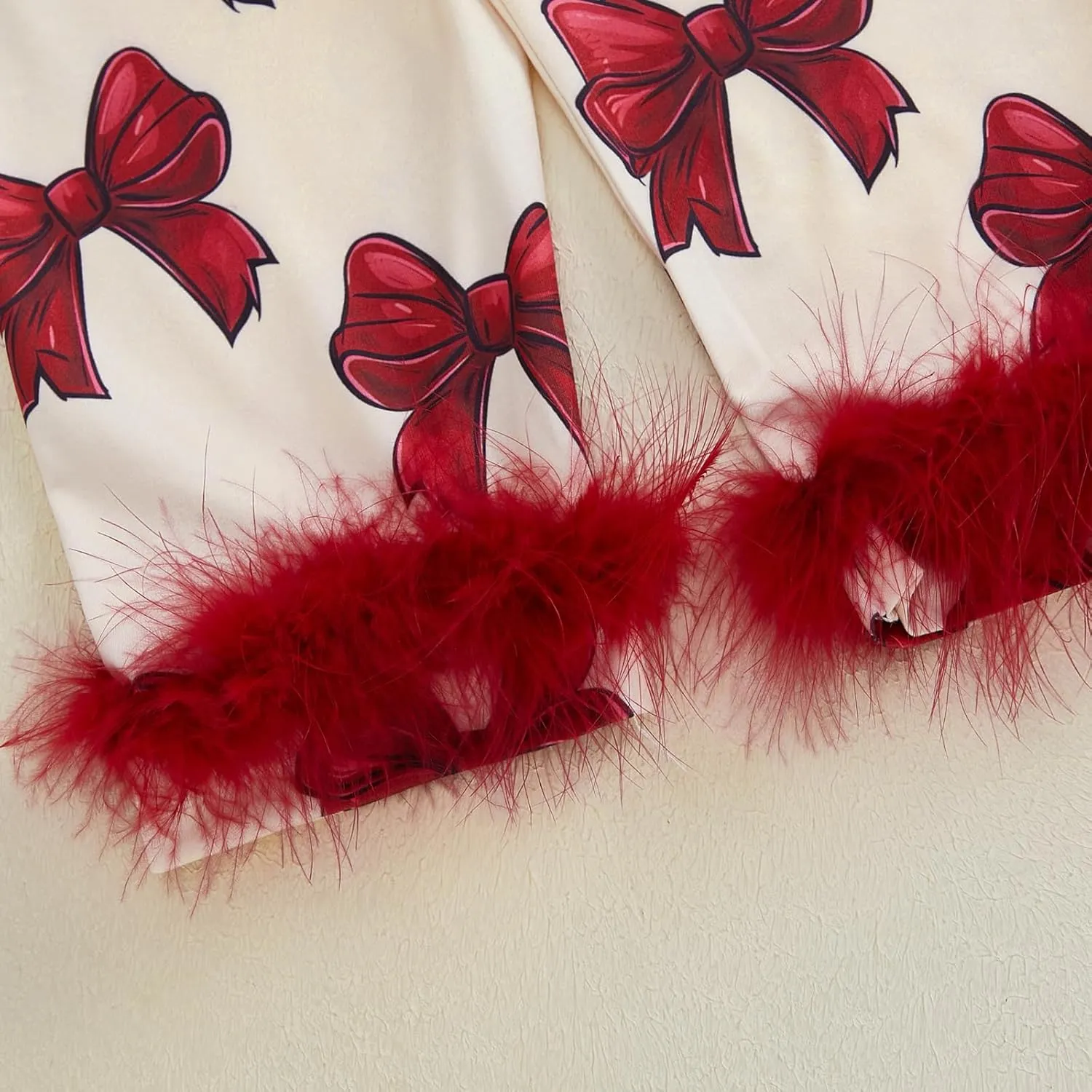 MAINESAKA Toddler Girl Button Down Pajamas Set Cute Bow Print Feather Trim Long Sleeve Sleep Shirt   Pants Set Girls Fall Pjs