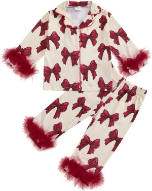 MAINESAKA Toddler Girl Button Down Pajamas Set Cute Bow Print Feather Trim Long Sleeve Sleep Shirt   Pants Set Girls Fall Pjs