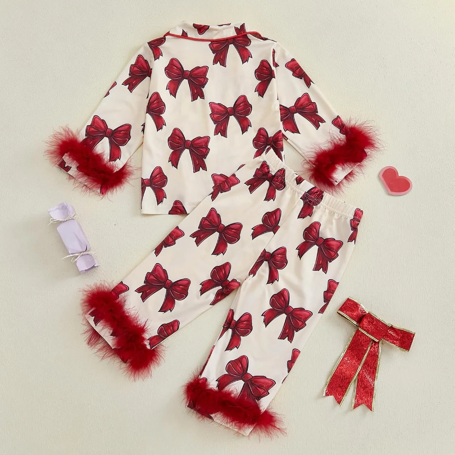 MAINESAKA Toddler Girl Button Down Pajamas Set Cute Bow Print Feather Trim Long Sleeve Sleep Shirt   Pants Set Girls Fall Pjs
