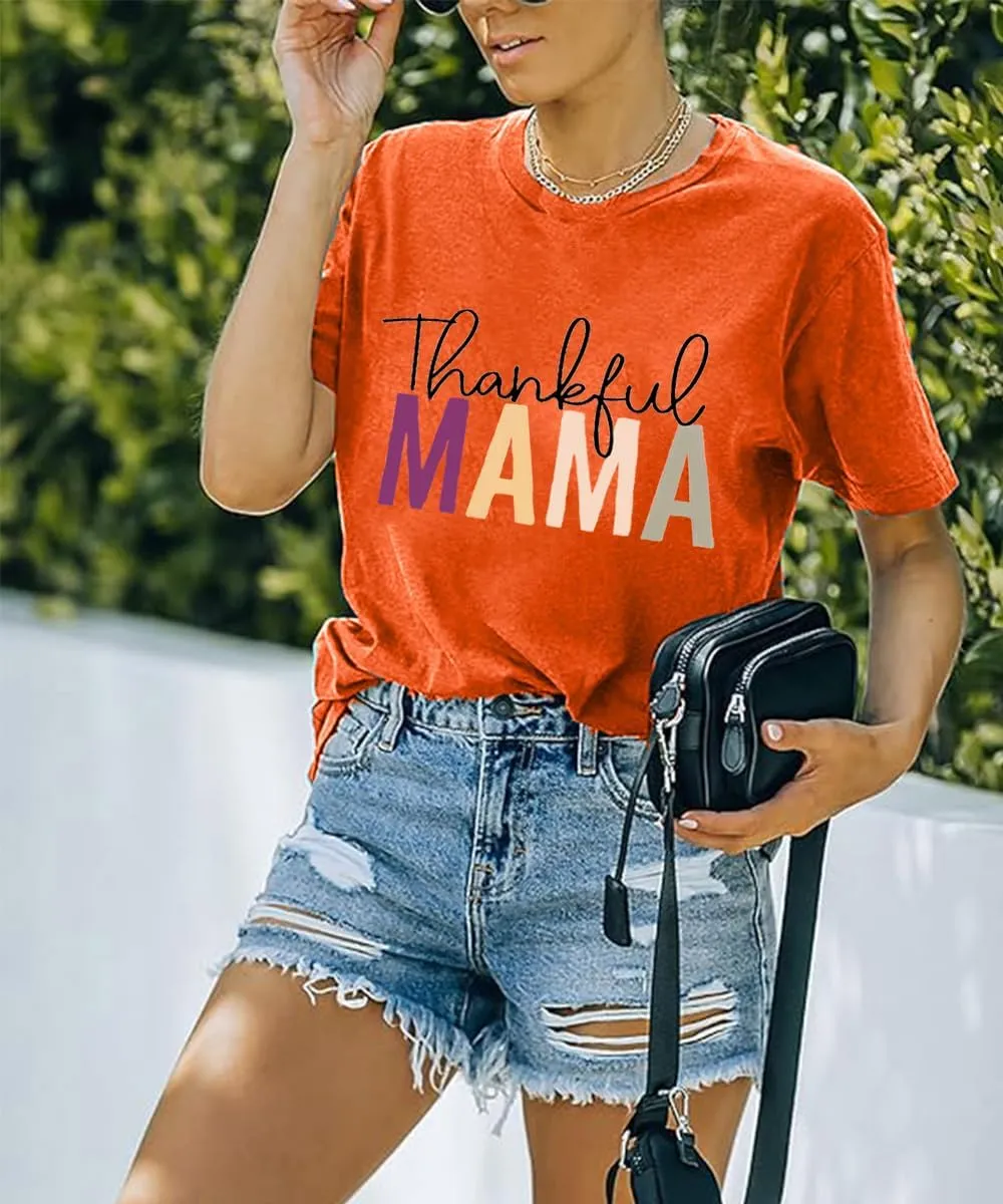 Mama Shirts for Women Thanksgiving Shirts Cute Mama Letter Graphic Tee Shirts Summer Casual Tops