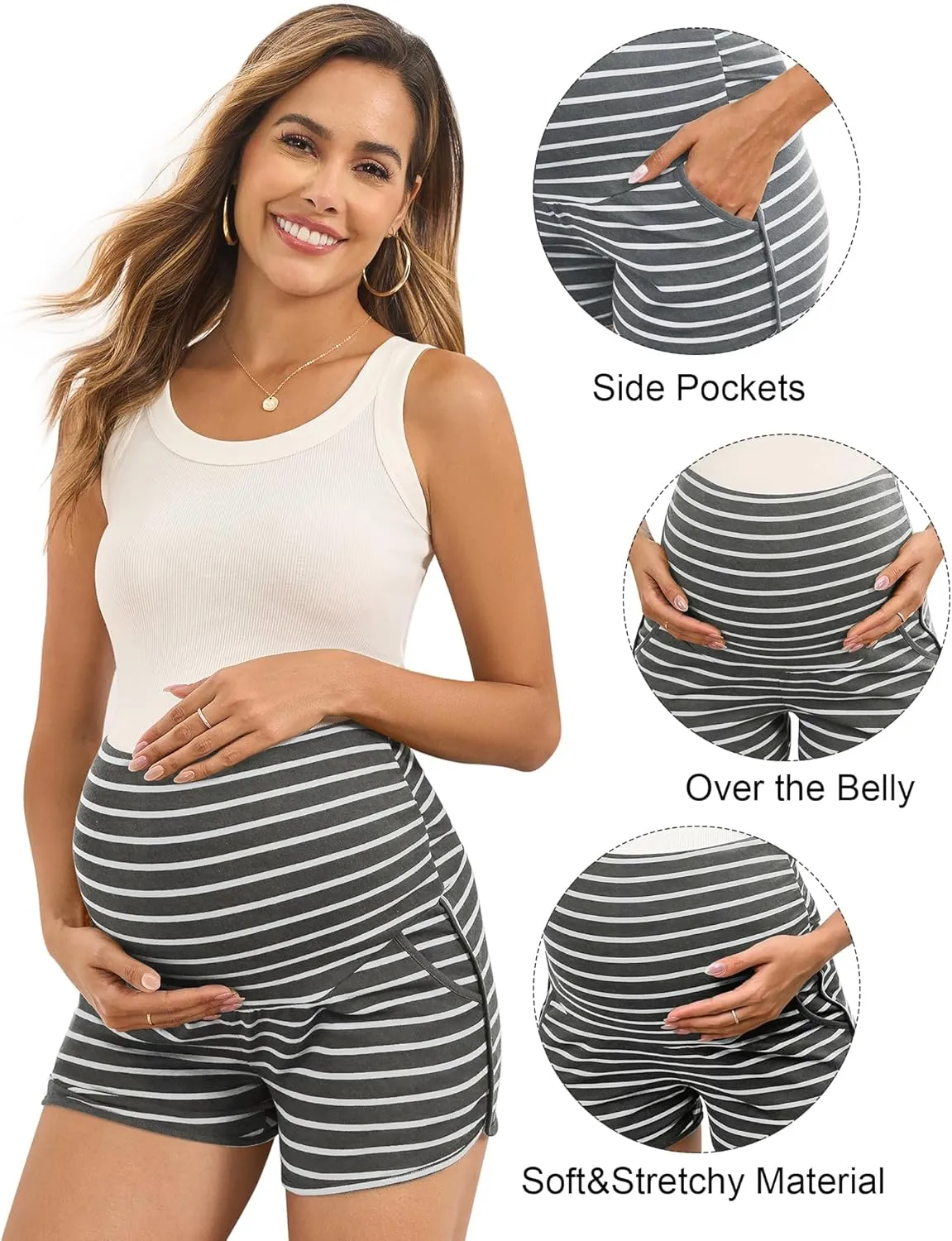 Maternity Shorts Over Belly Comfy Lounge Sleep Pajama Workout Athletic Pregnancy Shorts with Pockets