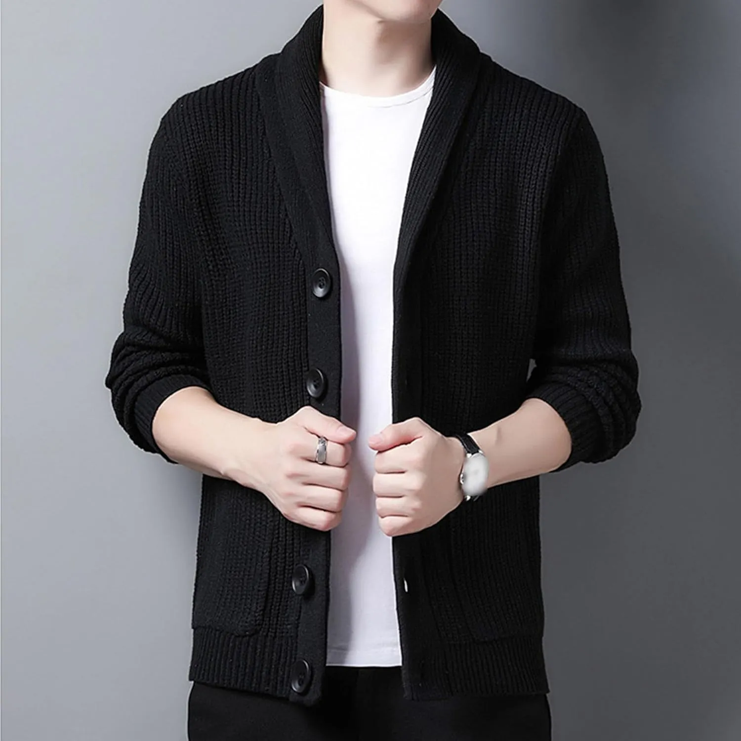 Men Button Down Casual Cardigans Slim Fit Shawl Collar Cardigans Sweater Shawl Collar Knit Cardigan Sweater