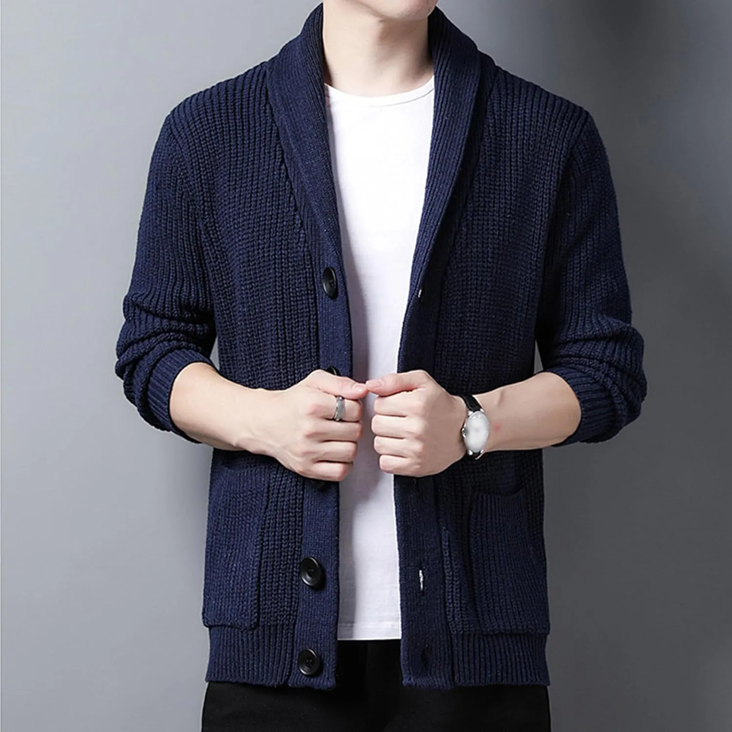Men Button Down Casual Cardigans Slim Fit Shawl Collar Cardigans Sweater Shawl Collar Knit Cardigan Sweater