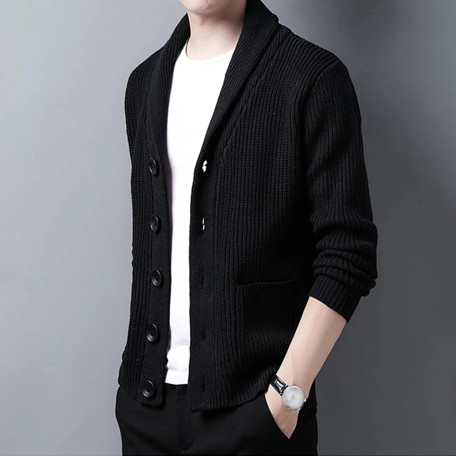 Men Button Down Casual Cardigans Slim Fit Shawl Collar Cardigans Sweater Shawl Collar Knit Cardigan Sweater