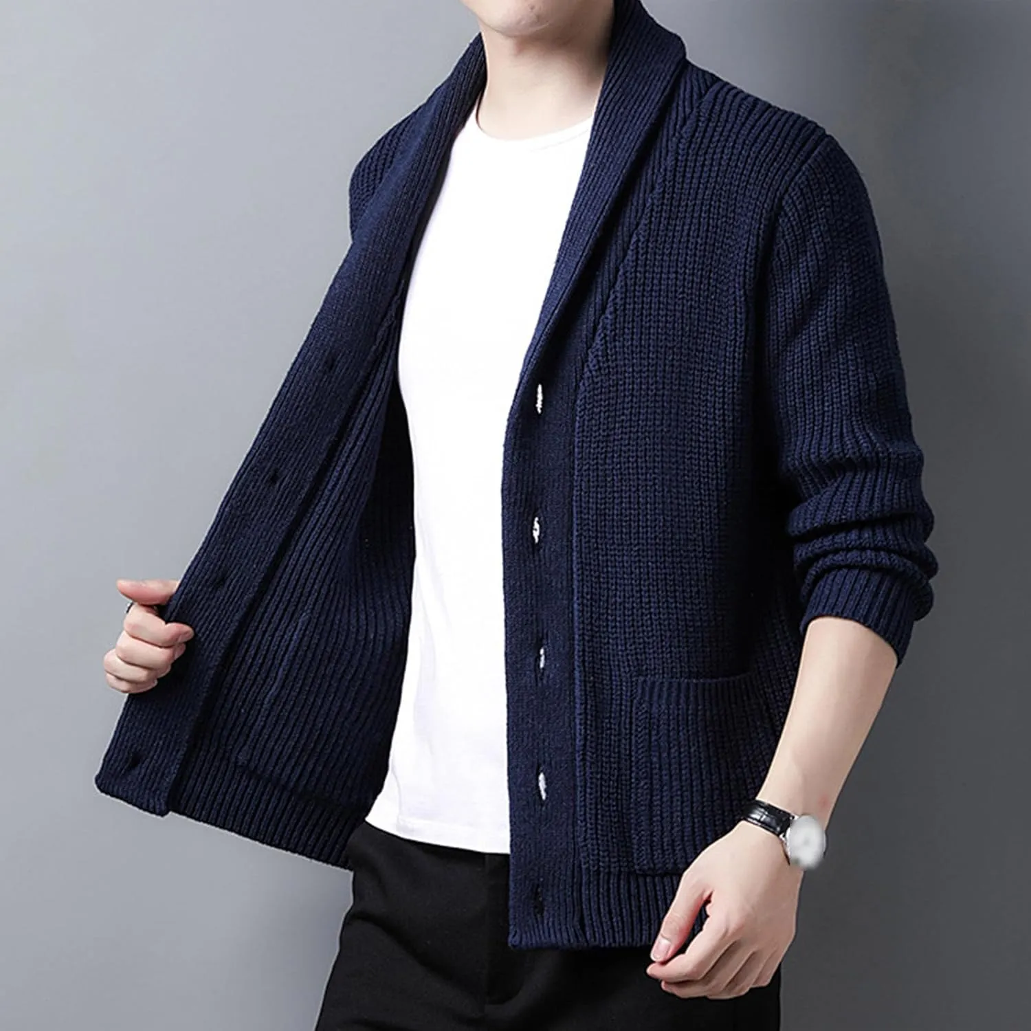 Men Button Down Casual Cardigans Slim Fit Shawl Collar Cardigans Sweater Shawl Collar Knit Cardigan Sweater