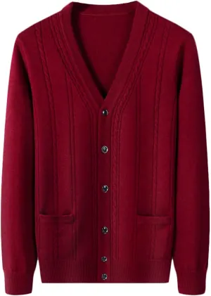 Men's 100% Cashmere Cardigans Button Up Gentleman Cardigans for Men V-Neck Long Sleeve Sweater with Pockets