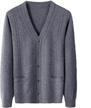 Men's 100% Cashmere Cardigans Button Up Gentleman Cardigans for Men V-Neck Long Sleeve Sweater with Pockets