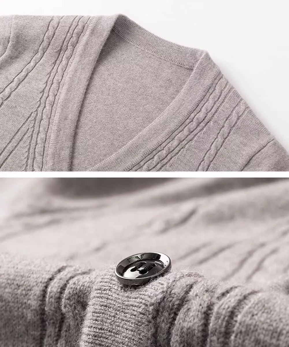Men's 100% Cashmere Cardigans Button Up Gentleman Cardigans for Men V-Neck Long Sleeve Sweater with Pockets