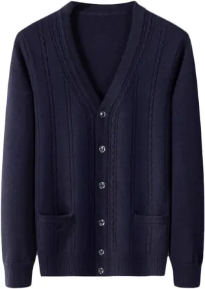 Men's 100% Cashmere Cardigans Button Up Gentleman Cardigans for Men V-Neck Long Sleeve Sweater with Pockets
