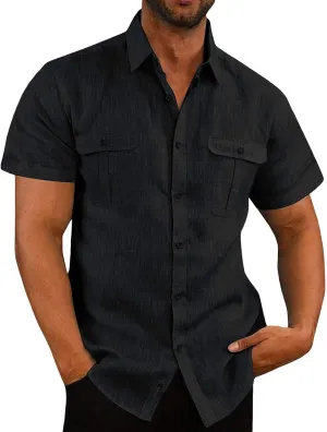 Mens Cotton Linen T-Shirts Shirts Casual Summer Beach Button Down Short Sleeve Shirts Business Work Office Dress Shirts