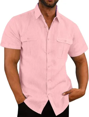 Mens Cotton Linen T-Shirts Shirts Casual Summer Beach Button Down Short Sleeve Shirts Business Work Office Dress Shirts